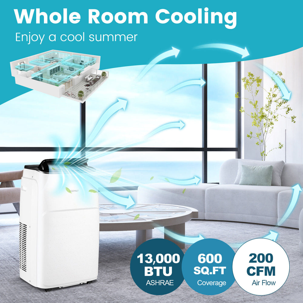 Portable 13000 BTU air conditioner in white with app control, 4-in-1 design, and adjustable air supply for 600 sq. ft.