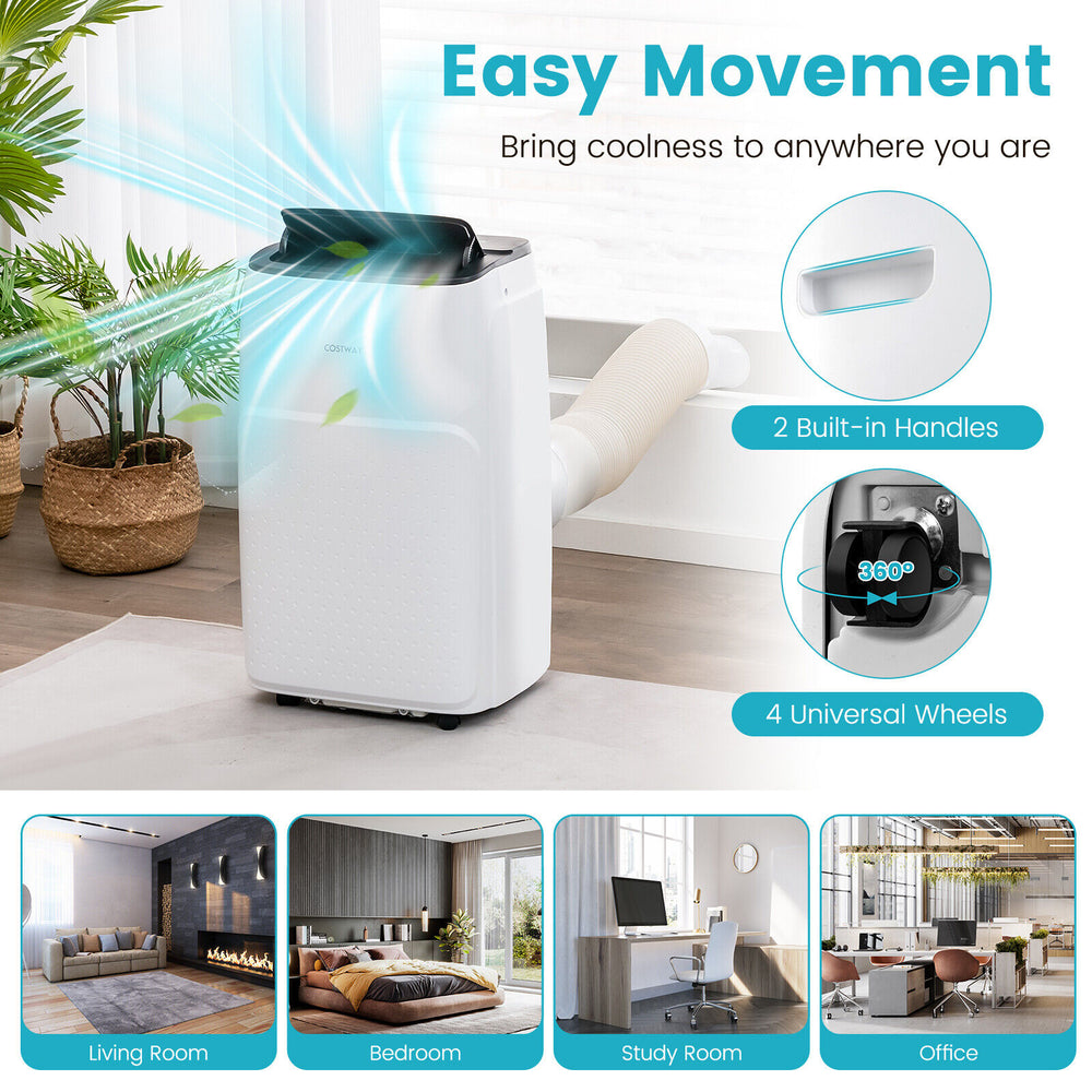 13000 BTU portable air conditioner with 4 universal wheels and 2 handles for easy movement in any room.