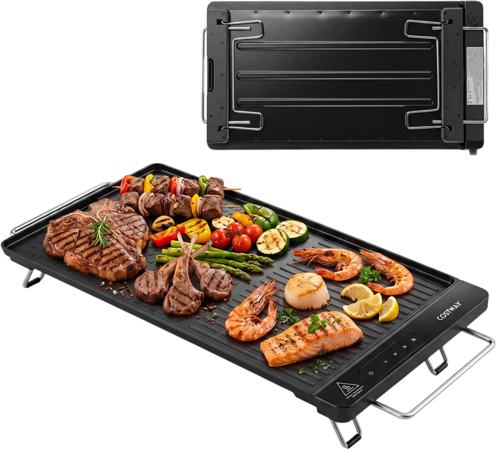 Indoor electric grill with removable touch panel, 1300W, featuring grilled meats and veggies on a non-stick surface.