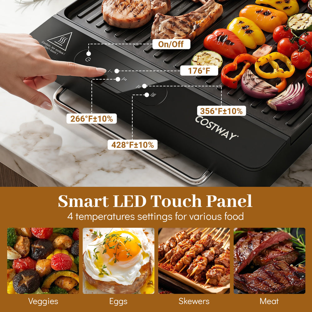 Indoor electric grill with removable touch panel, featuring 4 temperature settings for versatile cooking of veggies and.