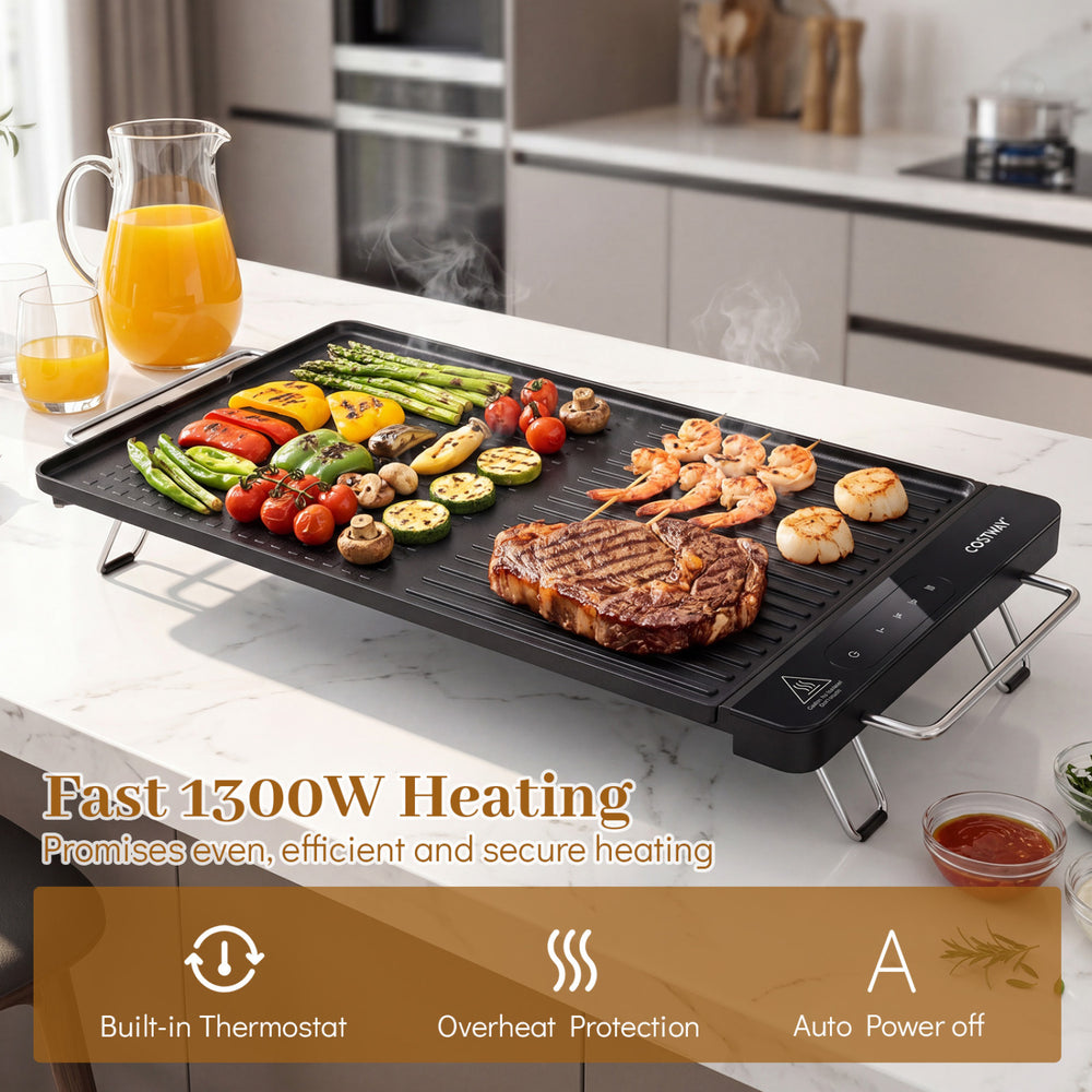 Indoor electric grill with removable touch panel, 1300W heating, featuring grilled vegetables and shrimp for BBQ.
