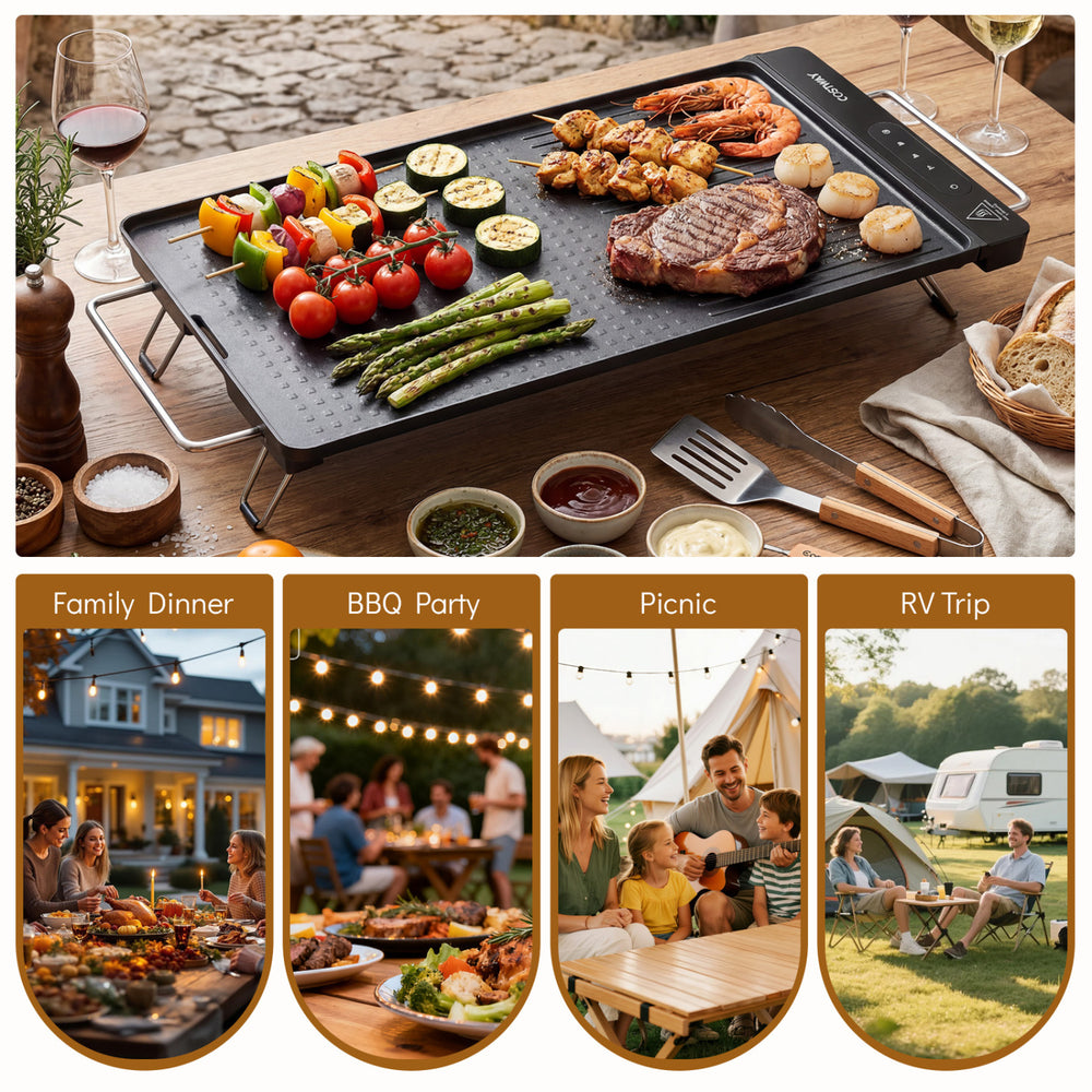 Indoor electric grill with removable touch panel, featuring 4 temperature settings for versatile cooking at BBQs and.