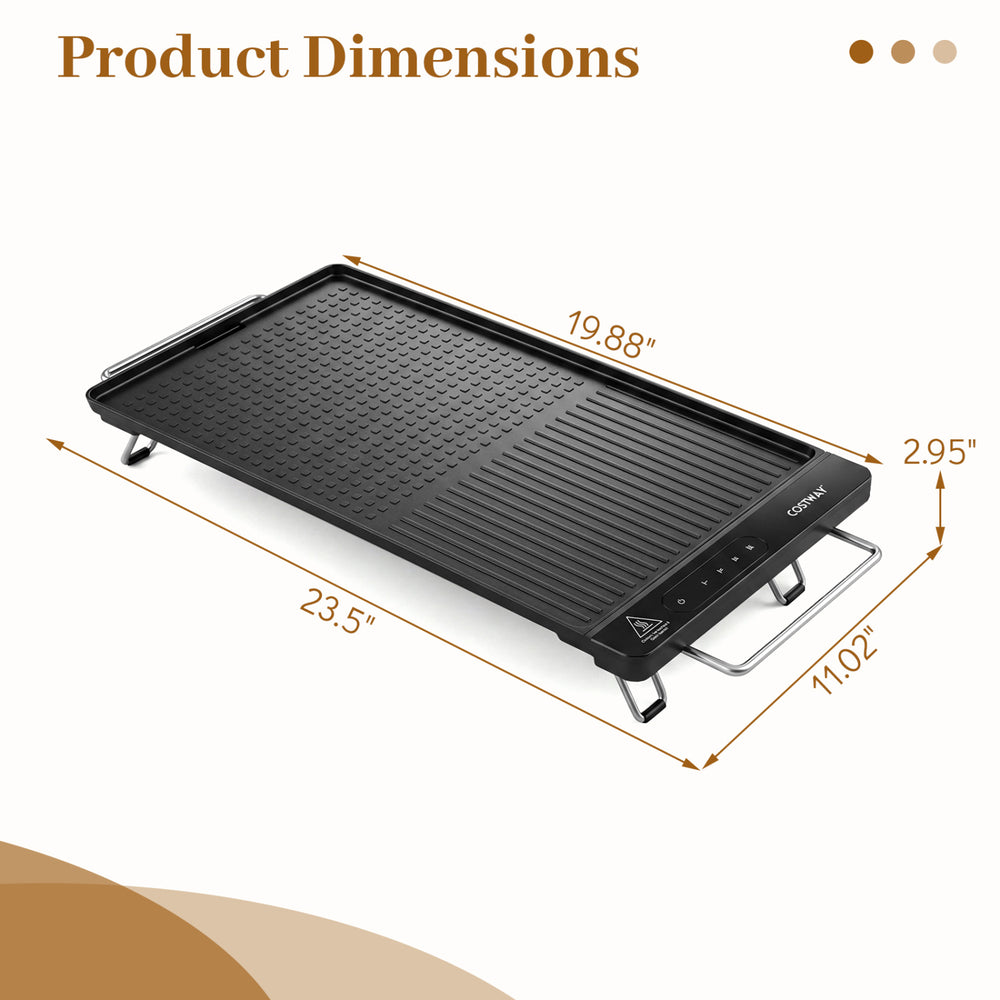 Dimensions of the 1300W Indoor Electric Grill with removable touch panel, featuring a sleek black design for versatile.