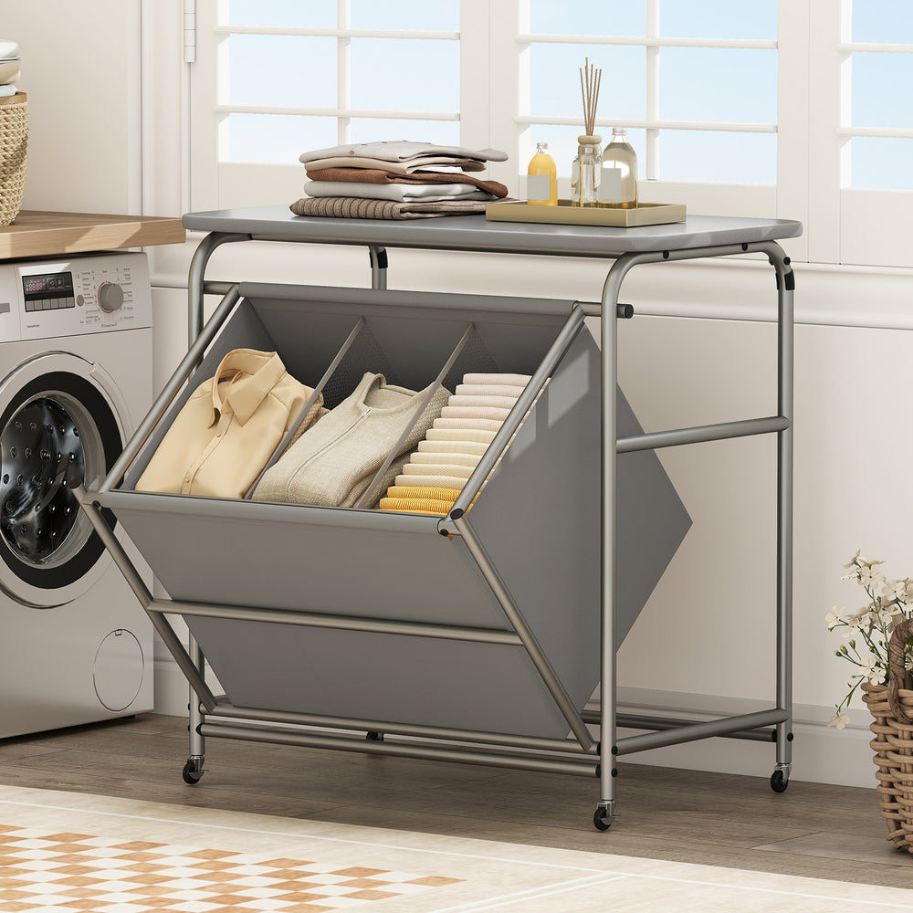 3-section gray laundry sorter with foldable ironing board and lockable wheels for easy clothes organization.