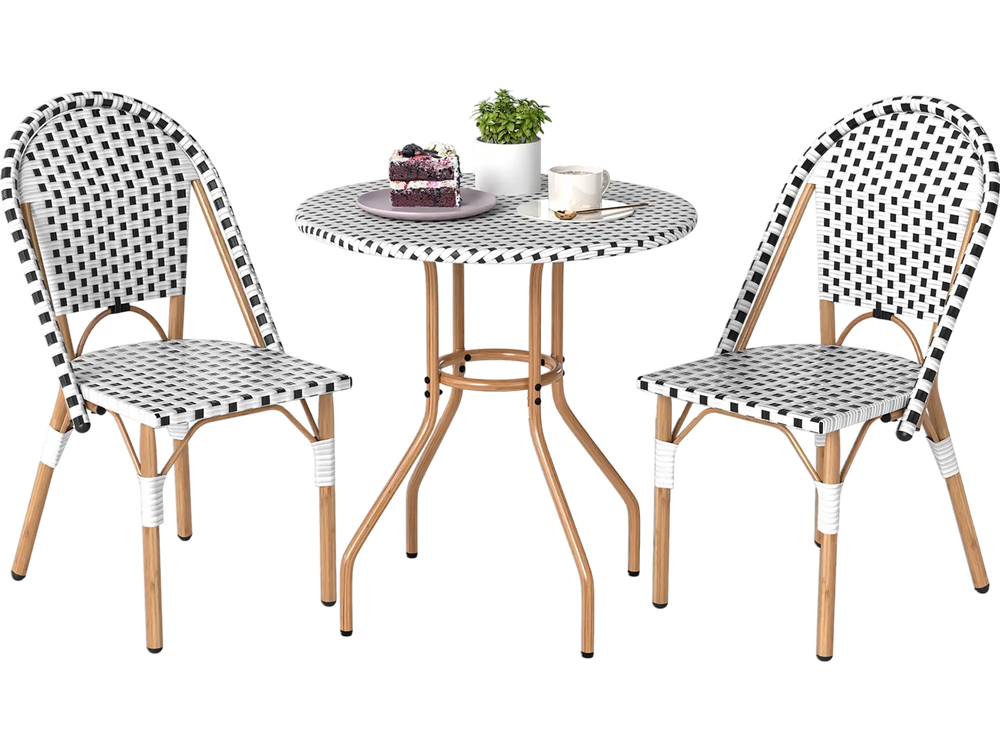3 Piece French Bistro Table Chair Set with Outdoor Wicker Round Table and 2 Dining Chairs