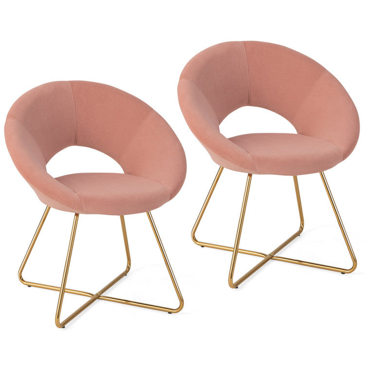 Set of two pink velvet accent chairs with gold legs, perfect for dining or living areas, offering stylish comfort.