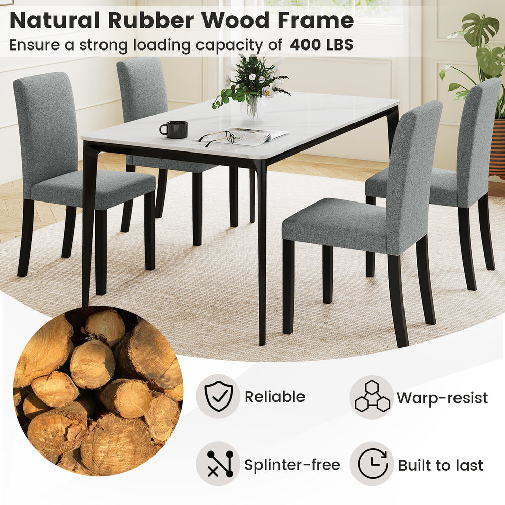 Mid-century modern dining chair set with gray polyester fabric and reliable rubber wood legs, perfect for dining areas.