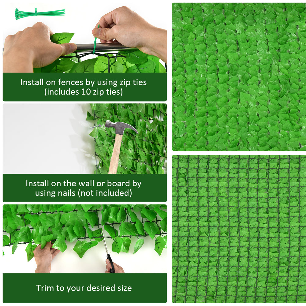Artificial ivy privacy fence measuring 118 x 39 inches, featuring dense leaves for decoration and privacy, includes 10.