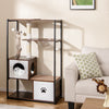 Wooden cat tree with metal frame, featuring 2 condos, soft cushions, and scratching posts for playful lounging.