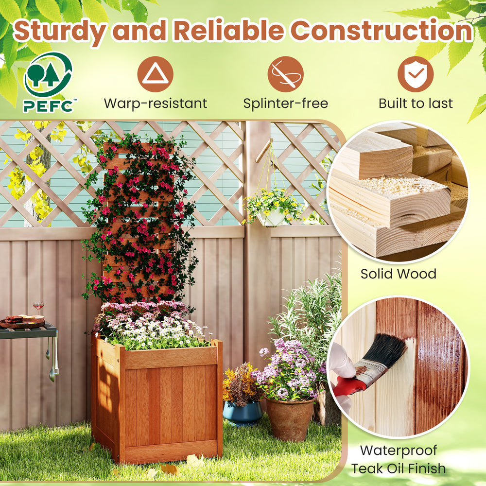 Outdoor wooden raised garden bed with trellis, crafted from solid wood, waterproof teak oil finish, perfect for plants.
