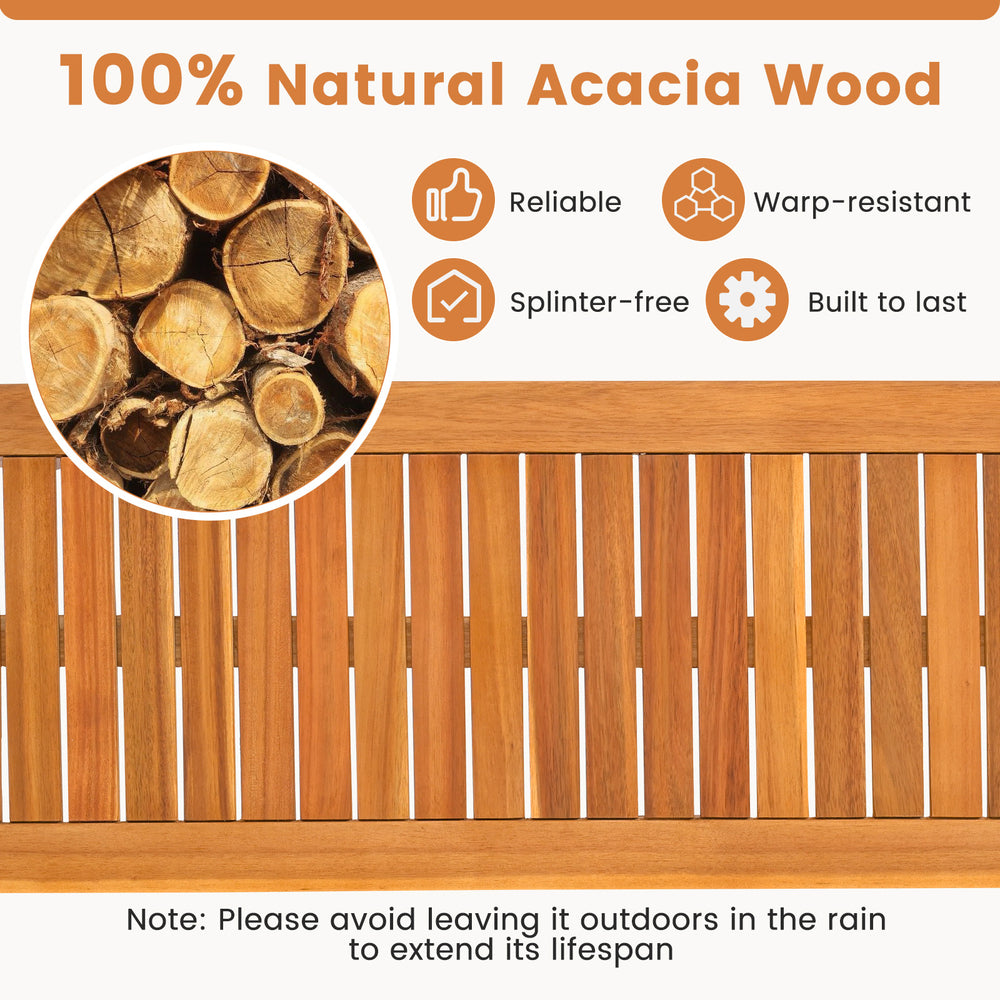 Acacia wood outdoor bench with slatted seat, warp-resistant and splinter-free, perfect for garden seating.