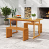 Acacia wood patio bench with slatted design, ideal for backyard or poolside, supports up to 800 lbs for two people.