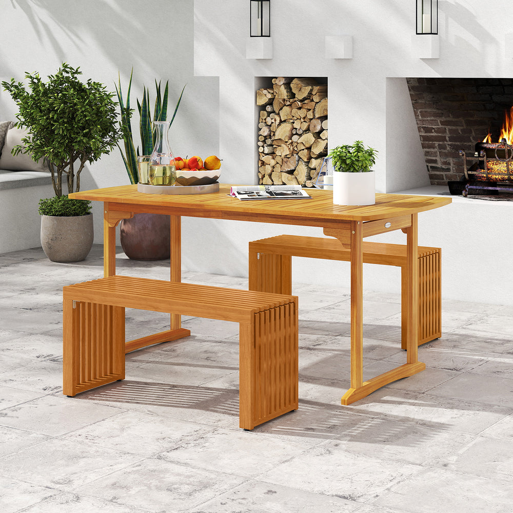 Acacia wood patio bench with slatted design, ideal for backyard or poolside, supports up to 800 lbs for two people.