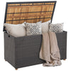 Rattan storage box with solid acacia wood top, featuring a zippered liner and large 134-gallon capacity for outdoor use.
