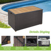 Rattan storage box with solid acacia wood top, featuring a 134-gallon capacity, ideal for patio or poolside use.