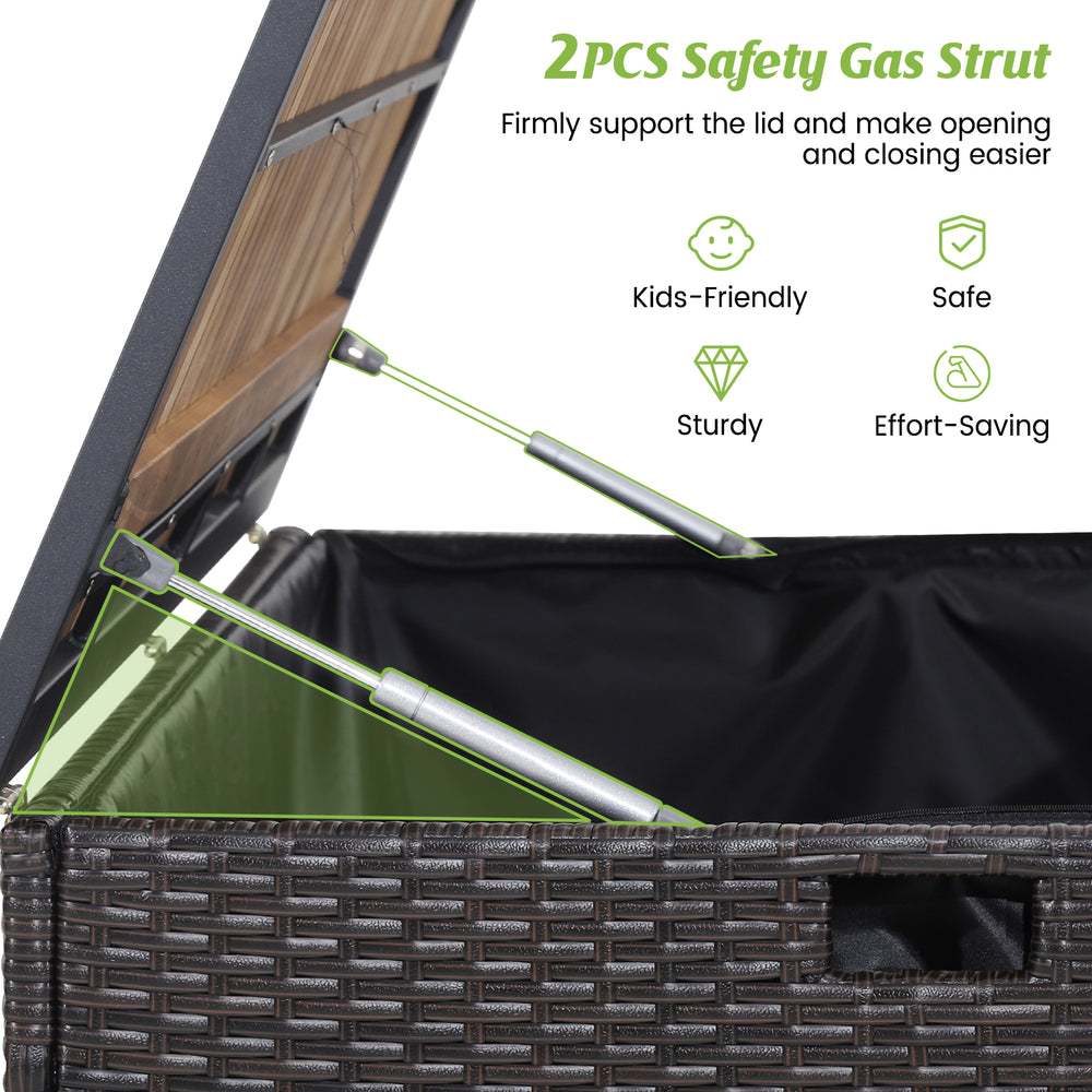 Safety gas strut detail of the 134-gallon rattan storage box with acacia wood top for easy opening and closing.
