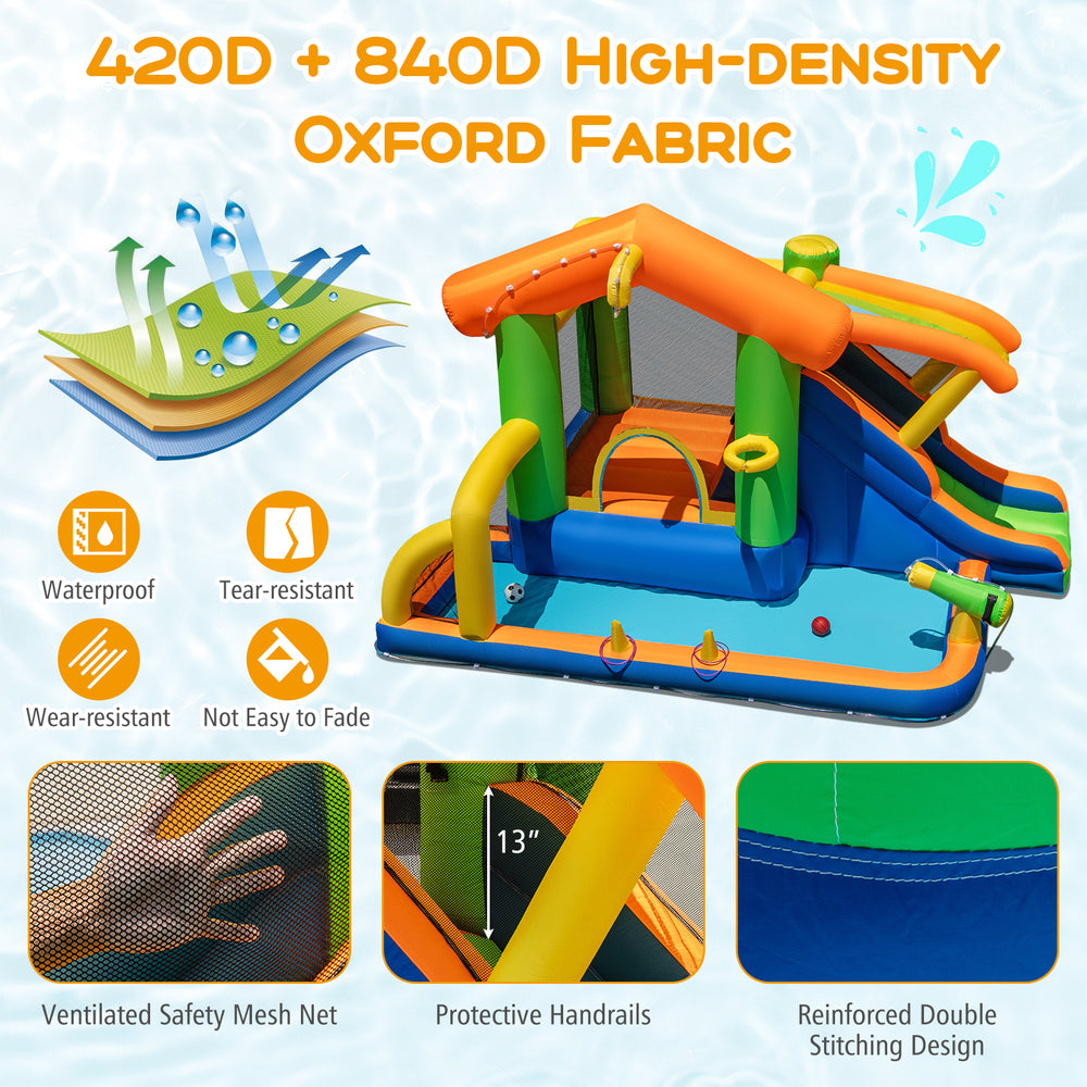 8-in-1 jumping castle with slide, made of tear-resistant 420D and 840D Oxford fabric, ideal for wet and dry play.