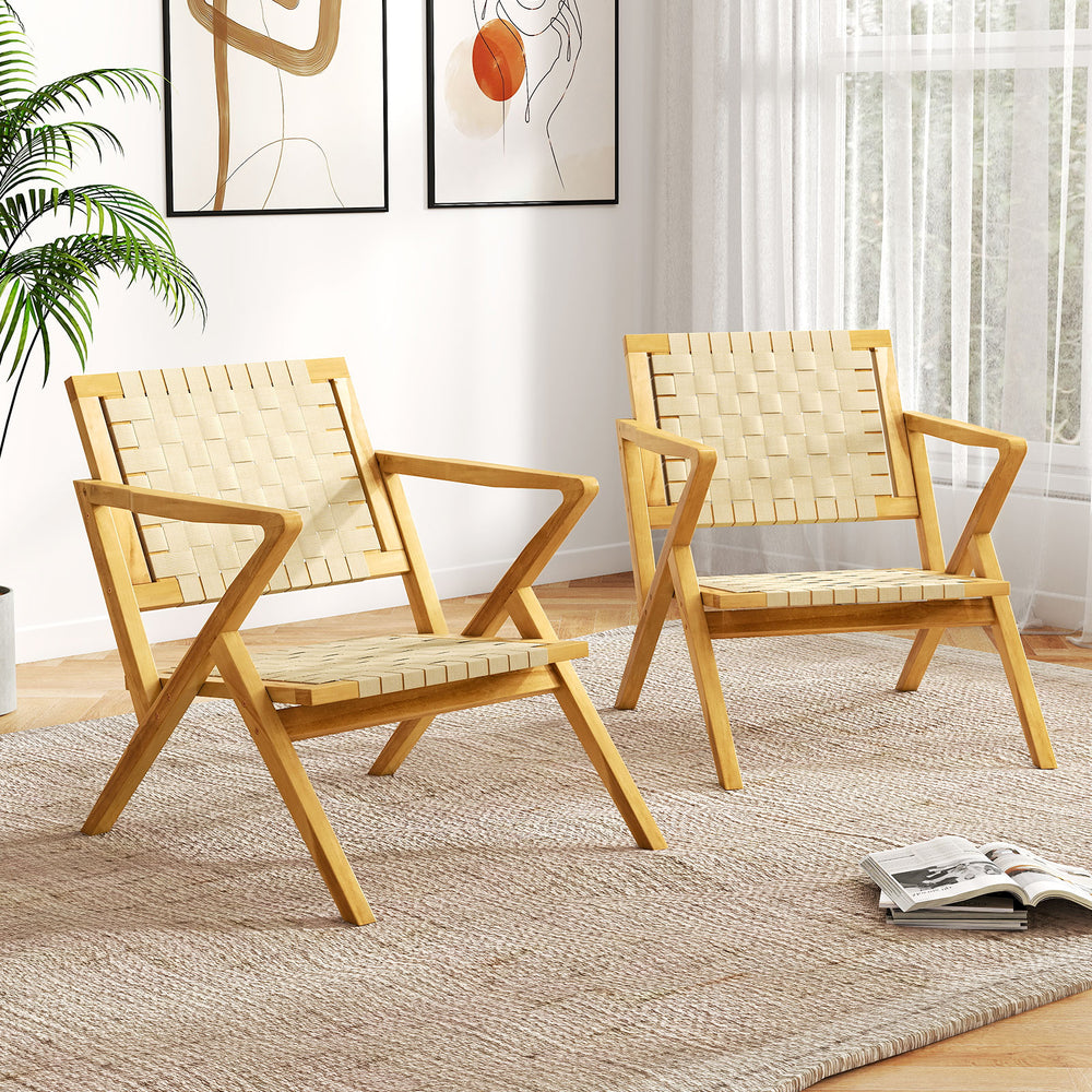 Teak wood patio chairs with webbing seat and backrest, featuring slanted backrest and wide armrests for comfort.