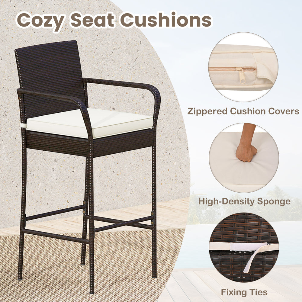 Bar height chair with white cushion, made of PE wicker, featuring a curved armrest and fixing ties for stability.