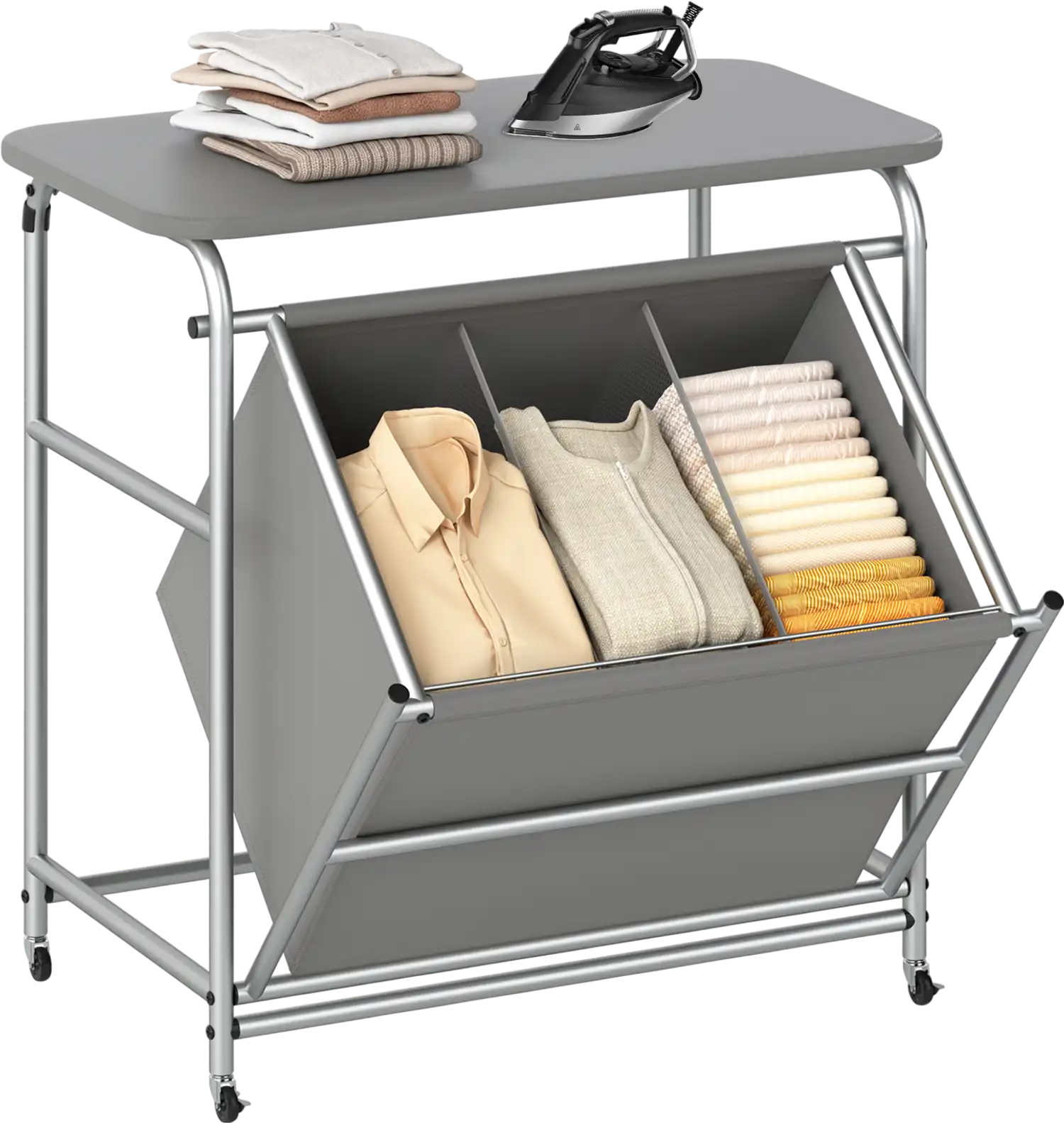 Costway 3-Section Laundry Sorter Foldable Ironing Board Lockable Wheels 64435372 New