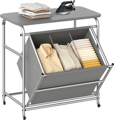 Costway 3-Section Laundry Sorter Foldable Ironing Board Lockable Wheels 64435372 New