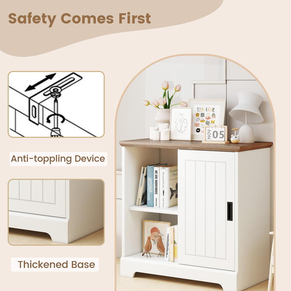 Farmhouse sideboard buffet cabinet in white with sliding doors, featuring anti-toppling device and thickened base for.