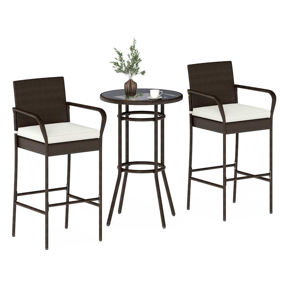 Bar height patio table set featuring two cushioned chairs, made of PE wicker, ideal for outdoor relaxation.