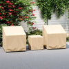 Beige waterproof patio furniture covers for a 3-piece bistro set, featuring elastic hem for a secure fit.