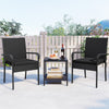 Black 3-piece patio furniture set with cushioned chairs and tempered glass tabletop, ideal for backyard relaxation.