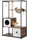 Cat tree with a cozy faux rabbit fur cushion in a condo, designed for comfort and play with soft carpeted platforms.
