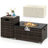 Outdoor rattan fire table set with black tempered glass top, 40,000 BTU heat output, and tank cover for versatile use.