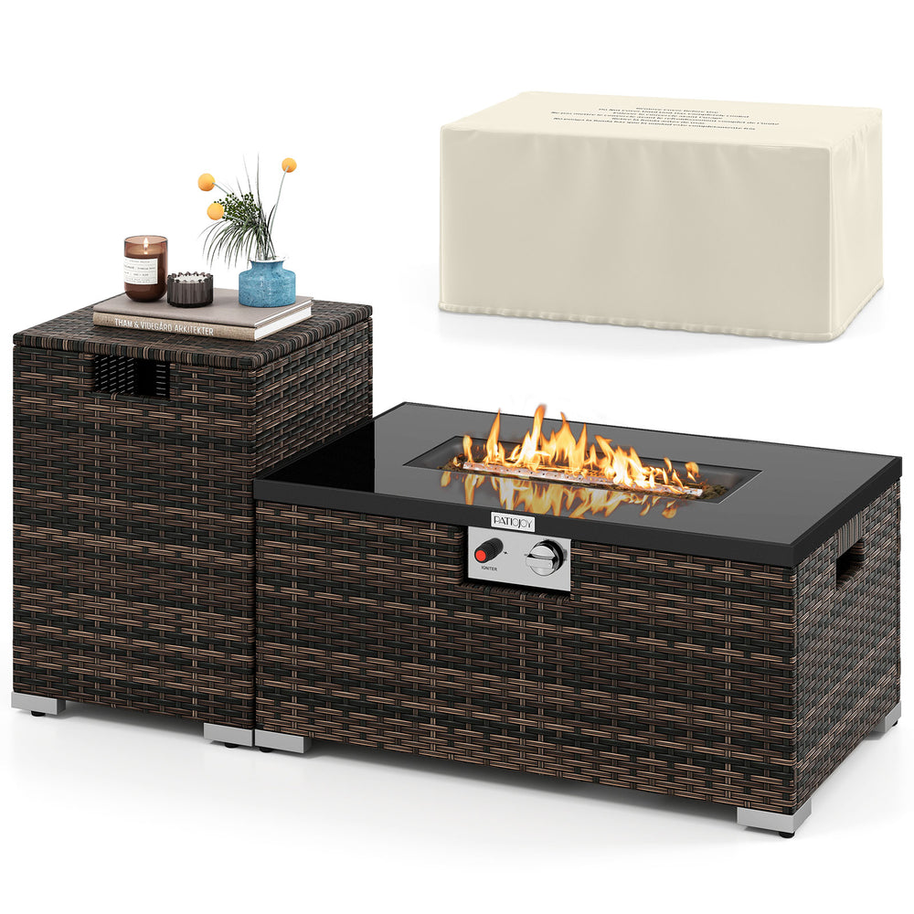 Outdoor rattan fire table set with black tempered glass top, 40,000 BTU heat output, and tank cover for versatile use.