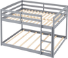 Gray full over full low-to-ground bunk bed frame with plywood slats and wide entrance for easy access and stability.