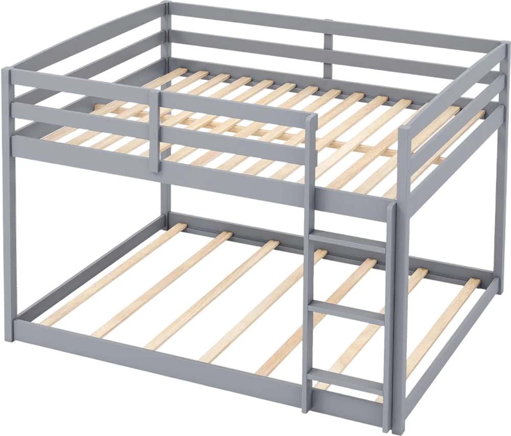Gray full over full low-to-ground bunk bed frame with plywood slats and wide entrance for easy access and stability.