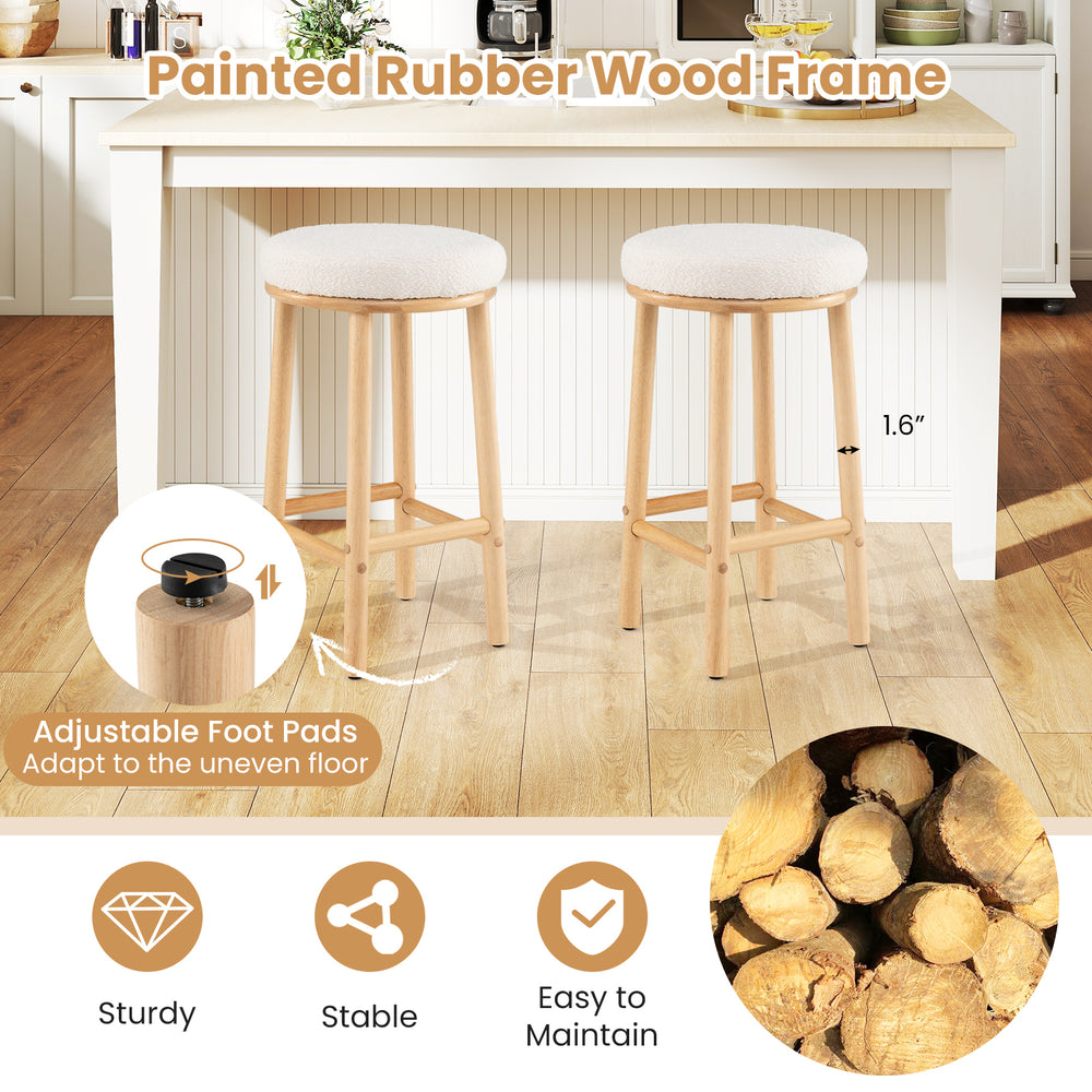 Set of 2 27" bar stools with boucle fabric seats and sturdy painted rubber wood frame, ideal for kitchen islands.