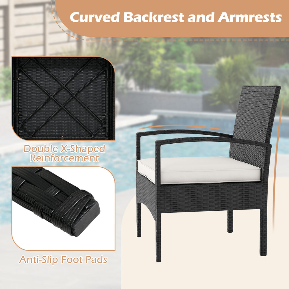 Curved backrest and armrests of a rattan chair with soft cushion, featuring anti-slip foot pads for outdoor comfort.