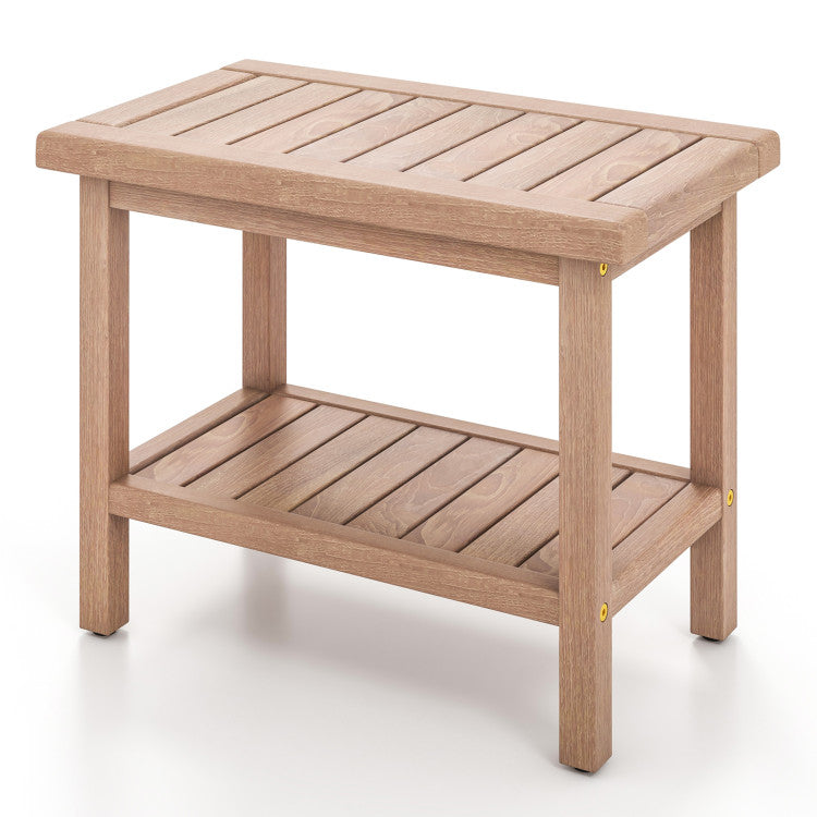 Teak utility bench with slatted top and storage shelf, perfect for laundry supplies and compact spaces.