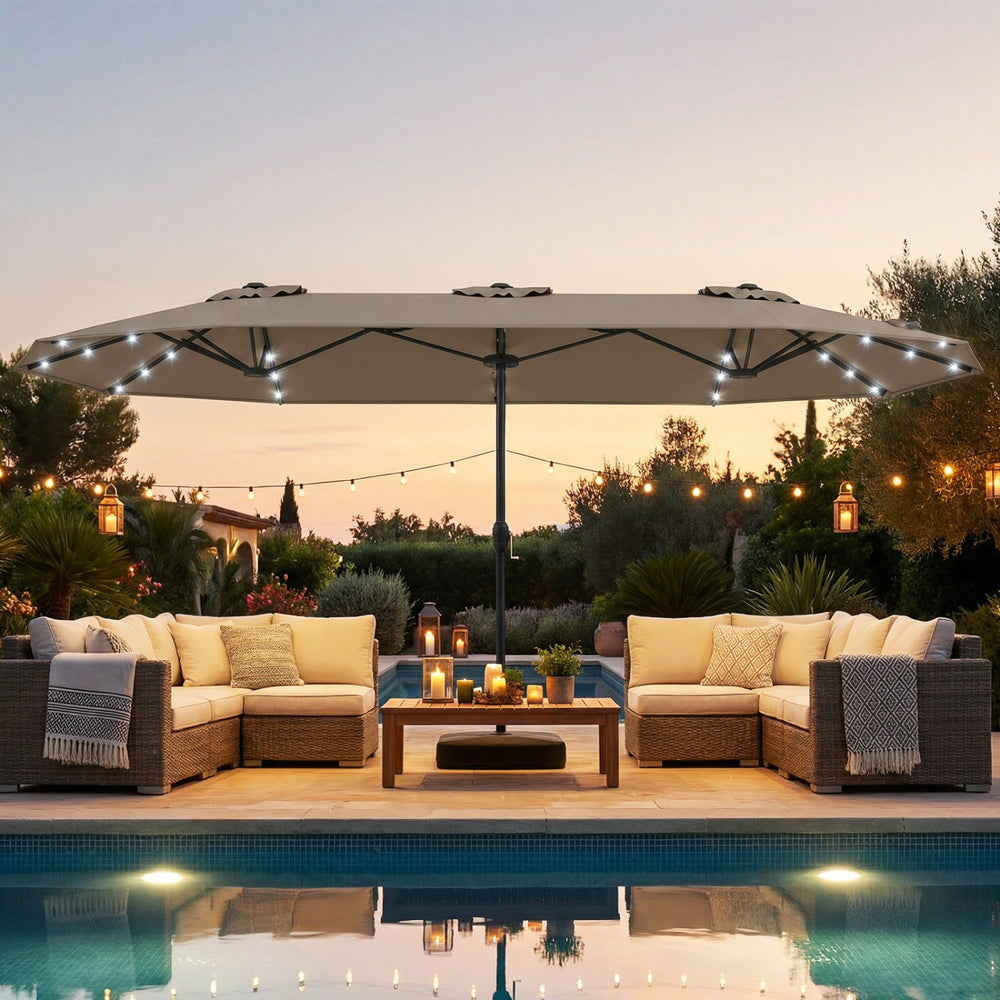 13FT Double-sided Patio Umbrella with Solar Lights for Garden Pool Backyard-Coffee - Gallery View 1 of 10
