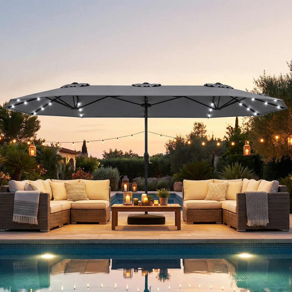 13FT Double-sided Patio Umbrella with Solar Lights for Garden Pool Backyard-Gray - Gallery View 1 of 10