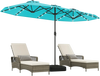 Double-sided turquoise patio umbrella with solar lights, sturdy metal poles, ideal for garden and poolside shade.
