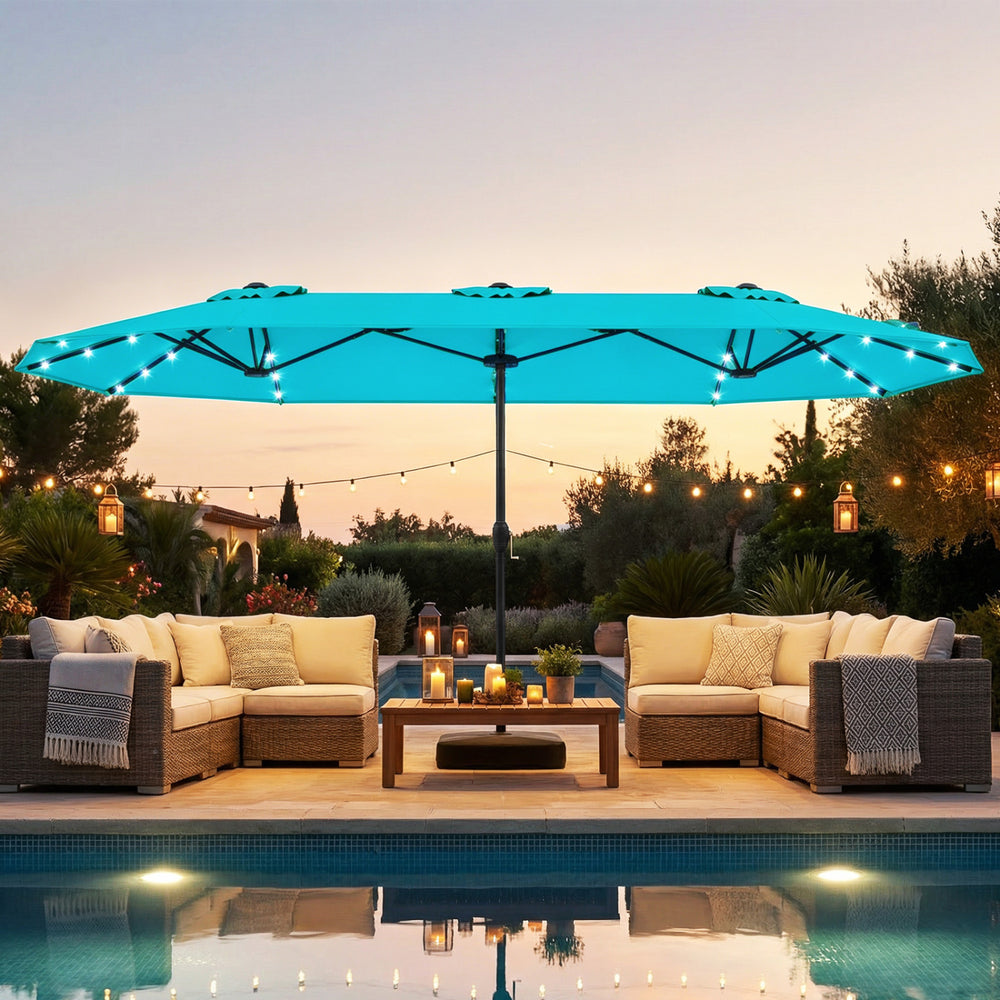 Double-sided 13FT turquoise patio umbrella with solar lights, perfect for garden and poolside relaxation.