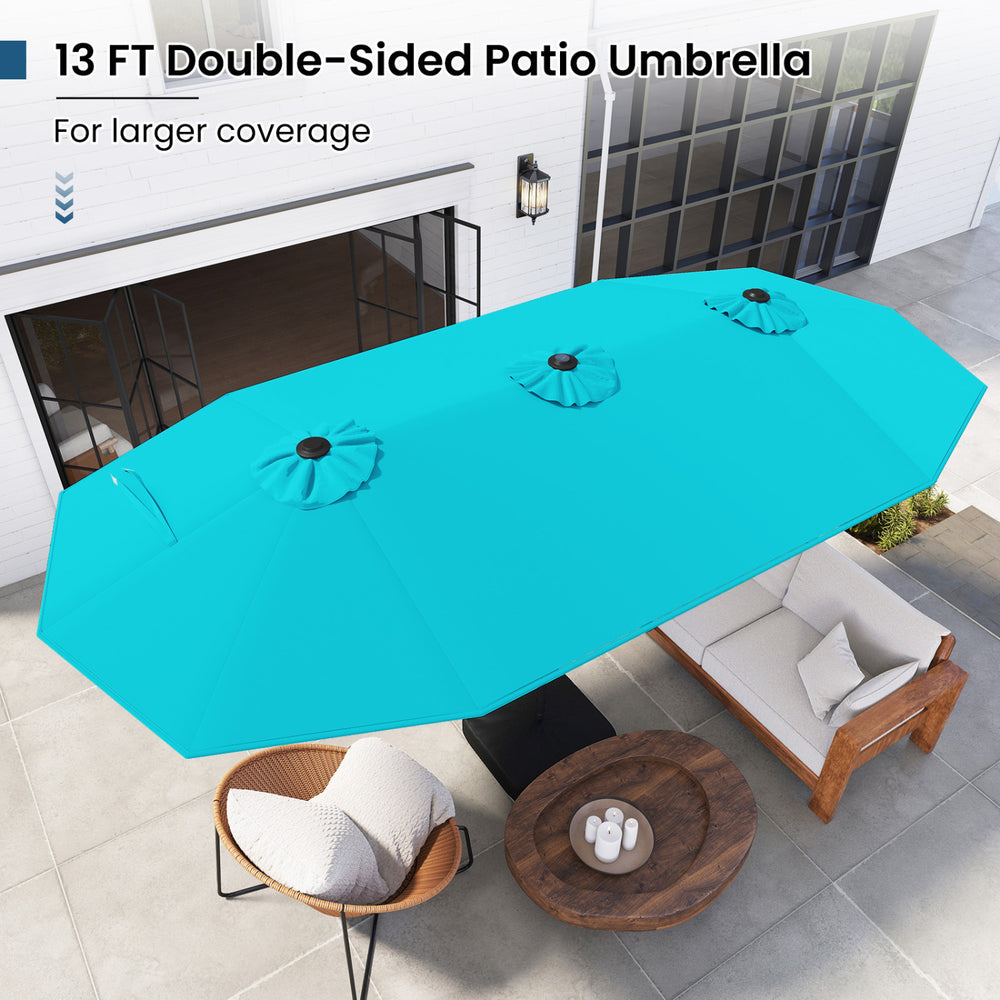 Double-sided 13FT turquoise patio umbrella with solar lights, providing large shade for garden or poolside relaxation.