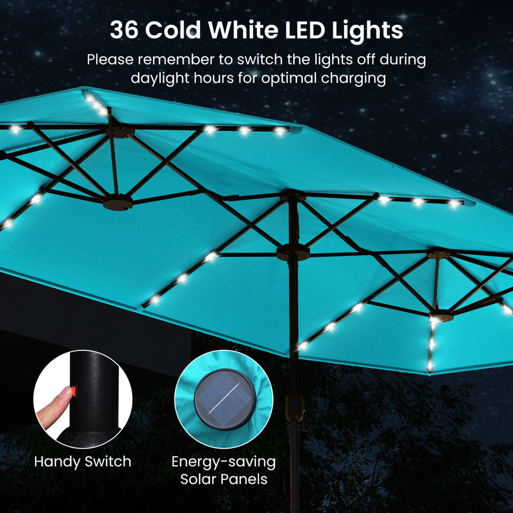 Double-sided turquoise patio umbrella with 36 solar lights, sturdy metal poles, ideal for garden and poolside use.
