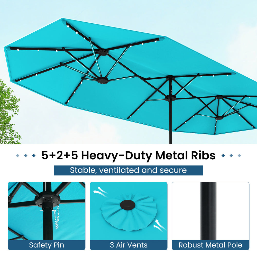 Double-sided 13FT turquoise patio umbrella with solar lights, featuring sturdy metal ribs and air vents for stability.
