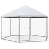 Large hexagonal chicken coop with galvanized steel frame, wire mesh, and lockable door for secure poultry housing.