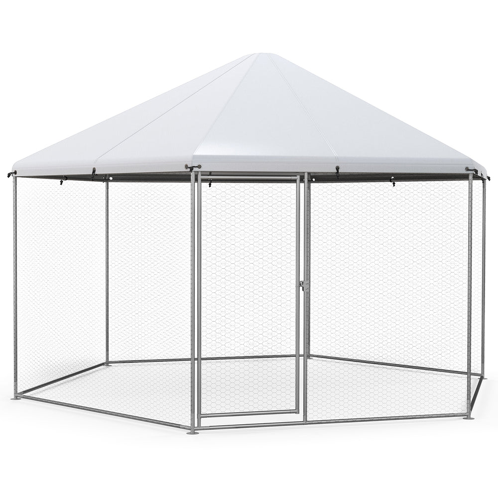 Large hexagonal chicken coop with galvanized steel frame, wire mesh, and lockable door for secure poultry housing.