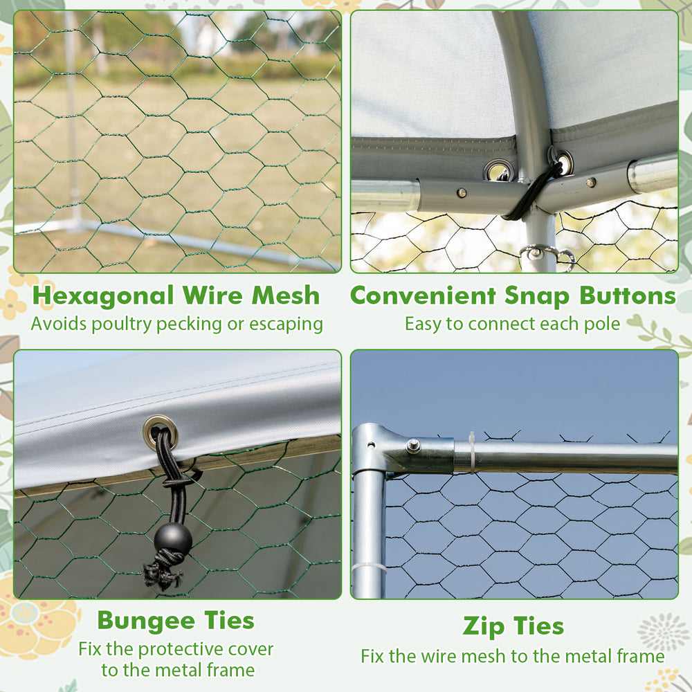 Hexagonal wire mesh detail with bungee ties and zip ties for securing the protective cover on a chicken coop.