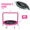 36-inch pink kids trampoline mini rebounder with safety handrail, foldable design, and 330 lbs weight capacity.