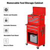 Rolling tool storage cabinet in red with lockable drawers and wheels, ideal for garage organization and easy mobility.