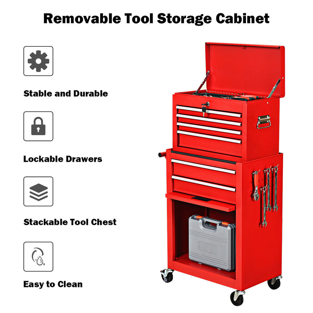 Rolling tool storage cabinet in red with lockable drawers and wheels, ideal for garage organization and easy mobility.